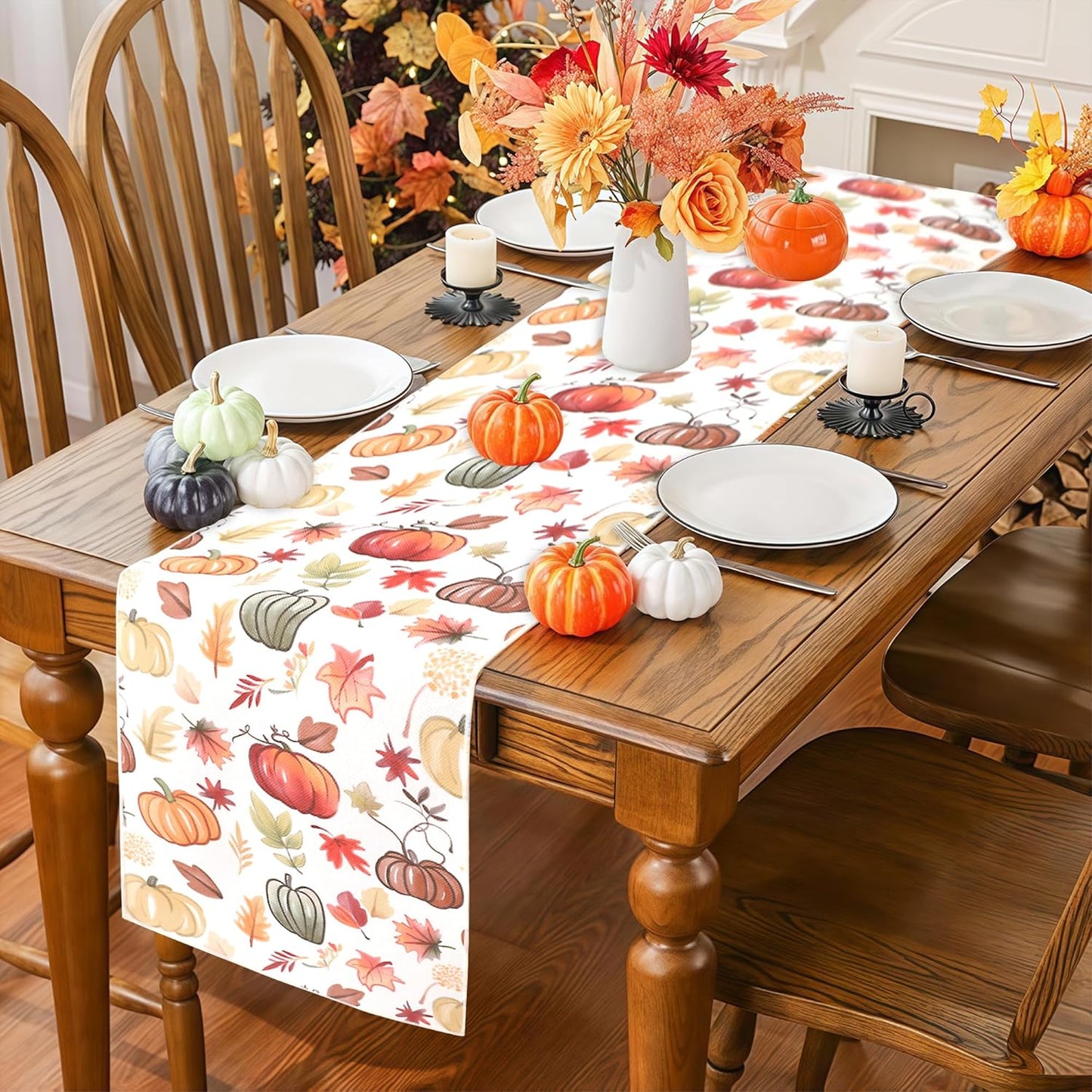 Fall Table Runner for Kitchen Dining Table, Thanksgiving Autumn Printed Harvest Pumpkins Maple Leaves Textured Fabric Halloween Holiday Home Decorations, Water-Proof, Washable, 13" W X 36" L