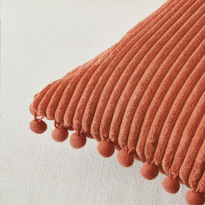 Pack of 2 Burnt Orange Decorative Throw Pillow Covers 18X18 Inch with Pom-Poms for Couch Bed Living Room Bedroom, Soft Corduroy Solid Square Cushion Case 45X45 Cm, Boho Fall Home Decor