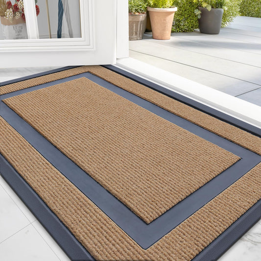 Front Door Mat Indoor Outdoor Entrance, Waterproof All-Season, All-Weather Doormat, Sturdy Natural Rubber, Fade Resistant, Low Profile, Easy Clean Patio Porch Entryway Mat, 29.5X17, Light Brown