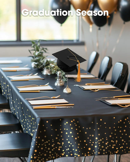 Plastic Table Cloth Disposable 10 Pack, 54 X 108 Inch Table Cloths, Graduation Decorations Class of 2025, Graduation Tablecloths, Rectangle, Plastic Cover, Leakproof & Sturdy, Black and Gold