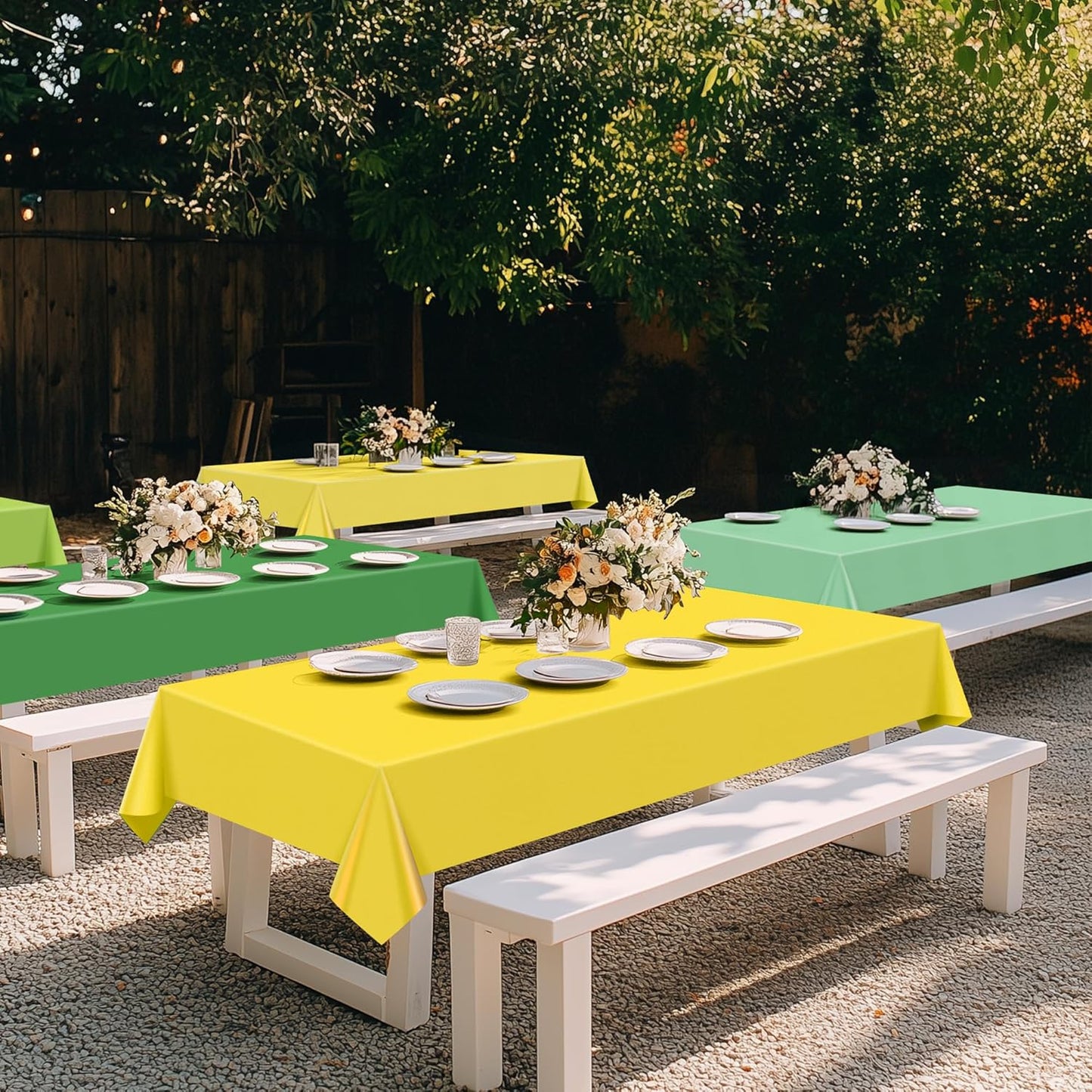 6-Piece Green & Gold Series Rectangle Tablecloth Set, 54x72" Solid Color Waterproof and Spillproof Disposable Plastic Covers, Durable Tablecloths for Dining, Buffets, Picnics, and Outdoor Events