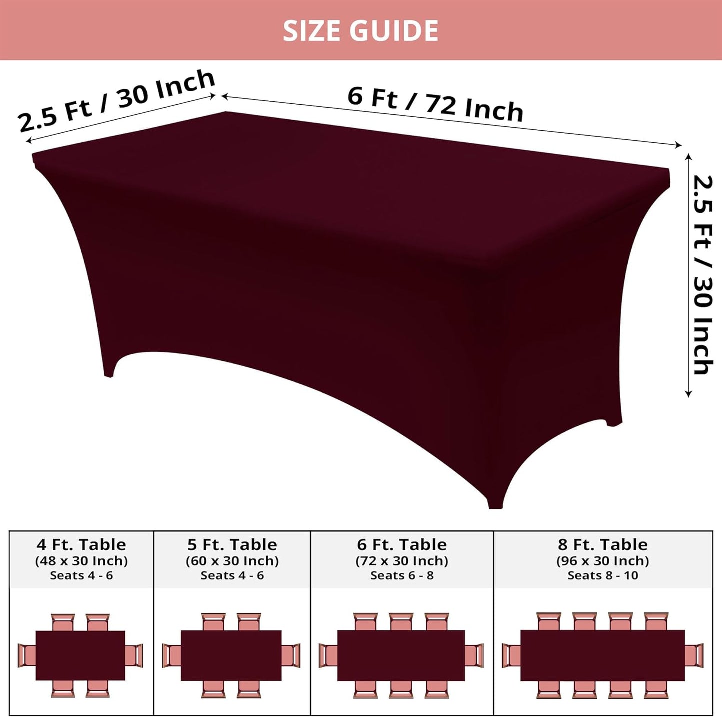 Spandex Tablecloth 2 Pack [6FT, Burgundy] Tight, Fitted, Washable and Wrinkle Resistant Stretch Table Cloth Rectangle Cover for Trade Show, Weddings & Parties [72Lx30Wx30H Inch]