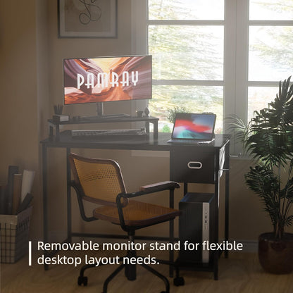 39 Inch Computer Desk with Monitor Stand Small Home Office Desks with Non-Woven Storage Drawer for Bedroom Study Table Writing and Work Desk Espresso Gray,Gray Leg