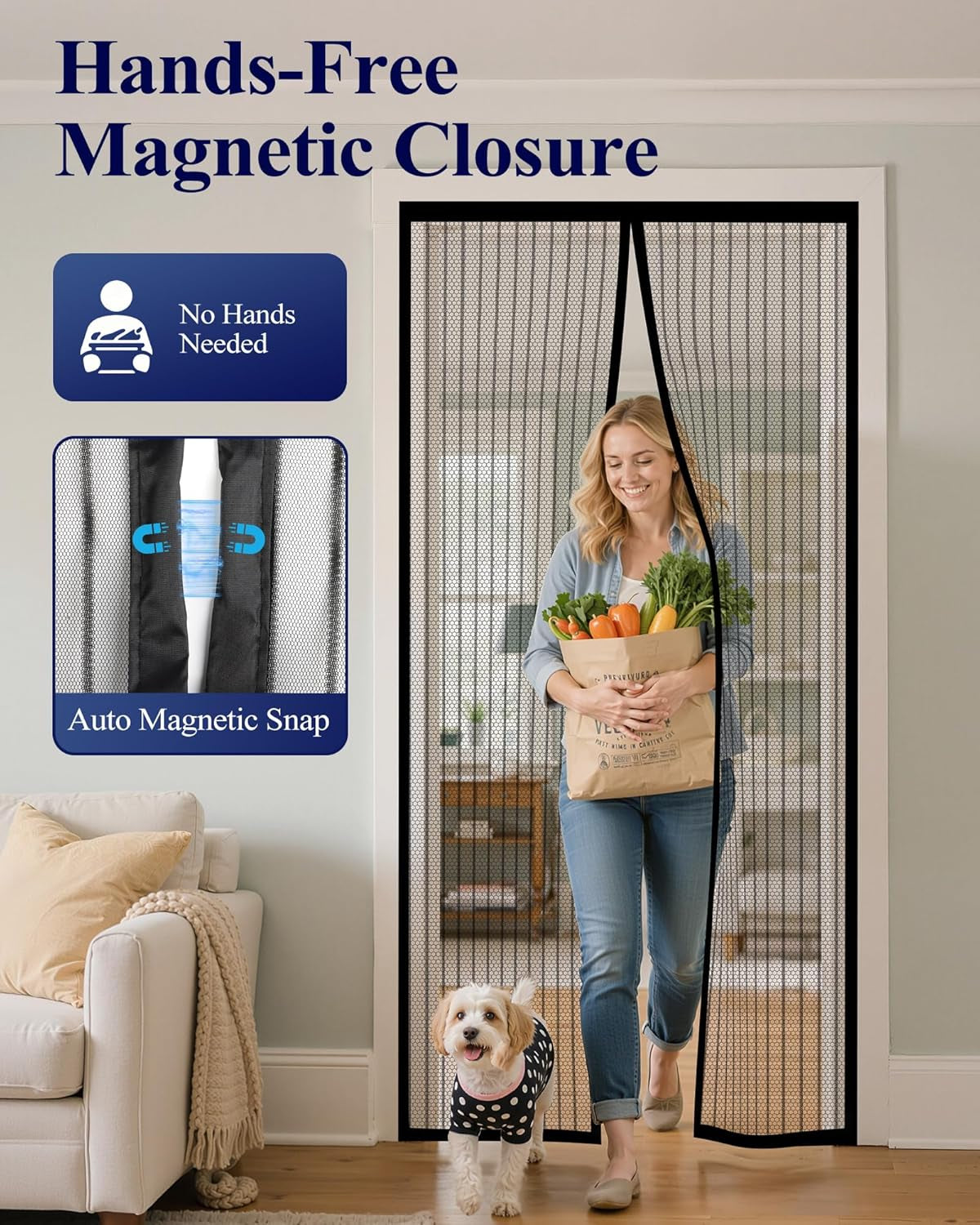 Magnetic Screen Door - 38.0 X 82.0'' Retractable Screen Door Mesh for Front Door or Sliding Door, Pet & Kid Friendly, Hands-Free Closure Keeps Bugs Out & Lets Breeze In, Stripe Black