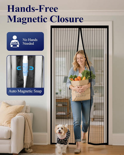 Magnetic Screen Door - 38.0 X 82.0'' Retractable Screen Door Mesh for Front Door or Sliding Door, Pet & Kid Friendly, Hands-Free Closure Keeps Bugs Out & Lets Breeze In, Stripe Black