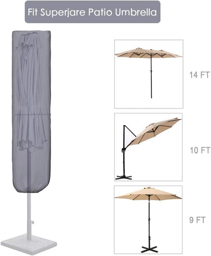 Premium Waterproof Patio Umbrella Cover with Rod for 7 to 11 Ft and 15 Ft Double-Sided Umbrellas, 600D Fabric, Gray with Zipper