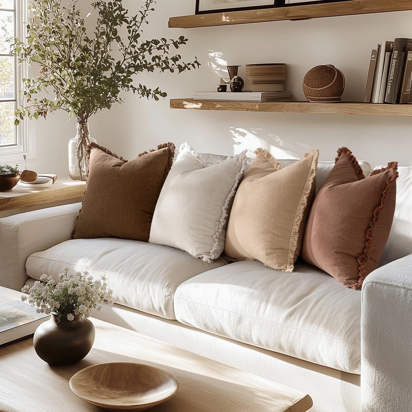 Set of 4 Fall Decorative Couch Pillow Covers in Neutral Linen with Fringe - Rustic Boho Farmhouse Accent Cushions for Living Room and Home Decor, 18x18 Inches, Beige/Brown