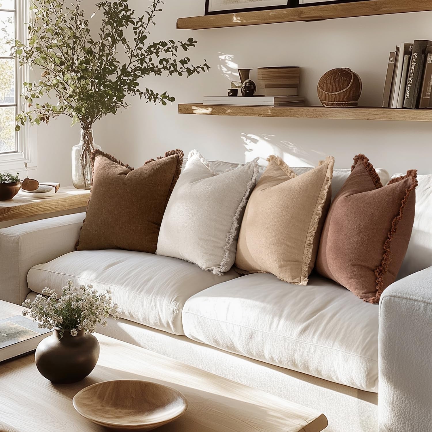 Set of 4 Fall Decorative Couch Pillow Covers in Neutral Linen with Fringe - Rustic Boho Farmhouse Accent Cushions for Living Room and Home Decor, 18x18 Inches, Beige/Brown