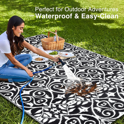 Outdoor Rug Waterproof 5X8 Ft Clearance, Reversible Outdoor Plastic Straw Rug with Floral Pattern, RV Mat for Patio, Camping, Balcony, Deck, Backyard, Black & White