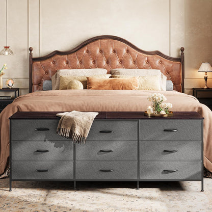63-Inch Bedroom Dresser with 9 Drawers, Versatile Entertainment Center for 55-70 Inch TVs, Walnut and Dark Grey Finish