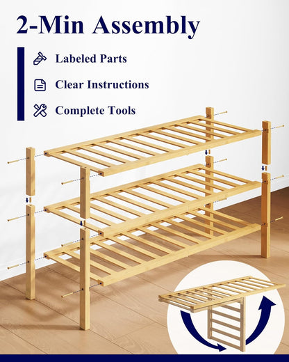 Bamboo Wooden Shoe Rack for Closet - Stackable Shoe Organizer with Modular Structure, Space-Saving Shoe Shelf for Entryway, Living Room, Bedroom, 26.8" X 11" X 18.9", Natural