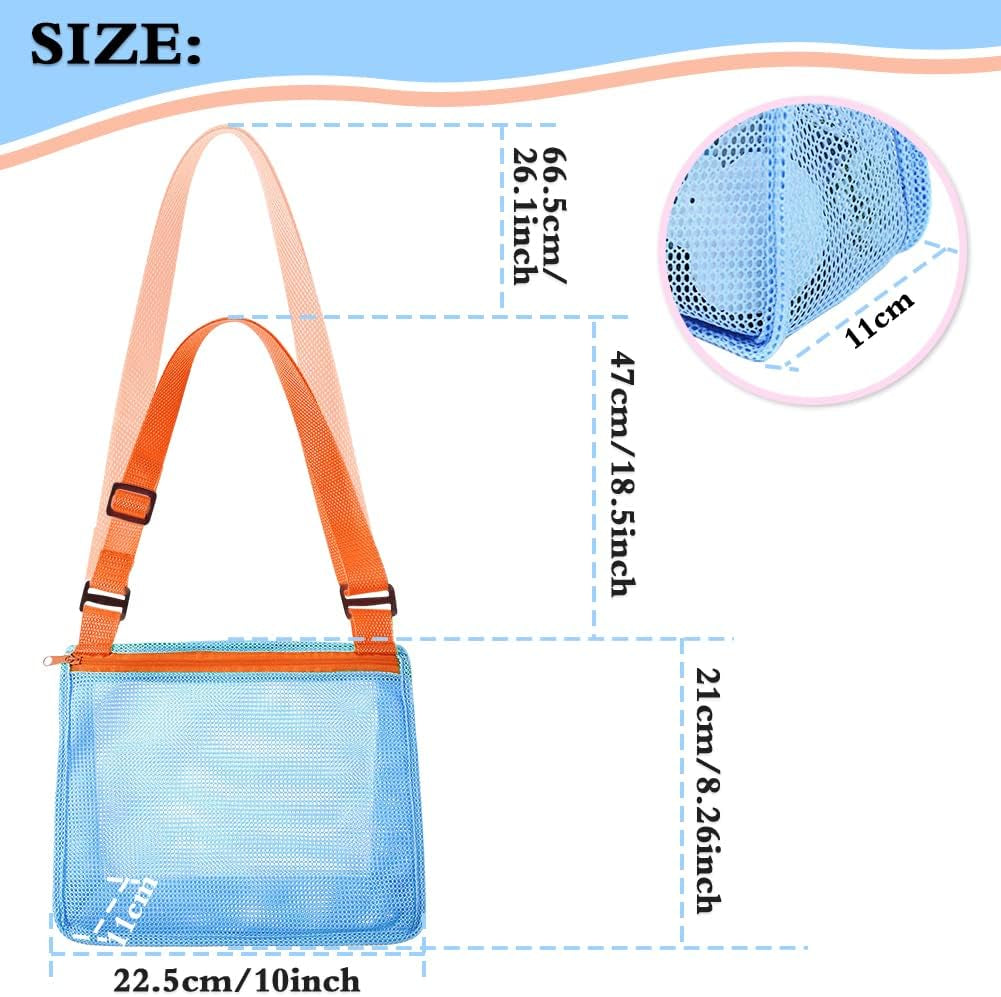 Beach Toy Mesh Beach Bag, Kids Beach Sand Toy Seashell Bag with Adjustable Shoulder Straps, Kids Shells Bags for Picking up Shells Beach Sand Toys for Boys and Girls (Blue)