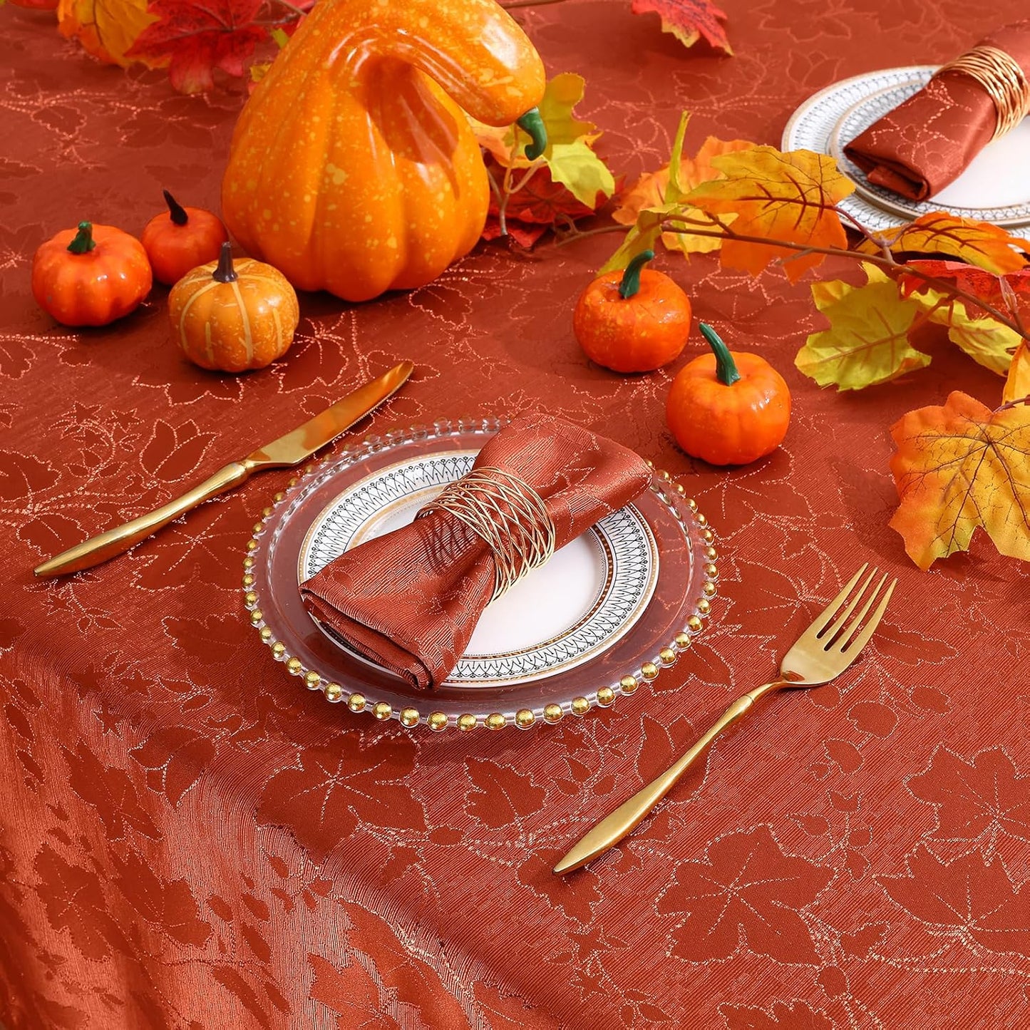 Rectangle Thanksgiving Tablecloth, Waterproof Jacquard Fall Table Cloth, Damask Cloth Table Cover for Harvest Decor (60" X 84", Rust Maple Leaf)