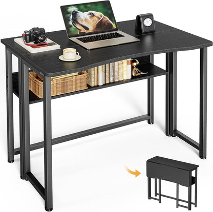 Folding Desk with Storage Shelf - 31.5 Inch Compact Computer Table for Small Spaces, Space-Saving Sofa Table, Ideal for Writing and Office Use, Easy to Fold, Black