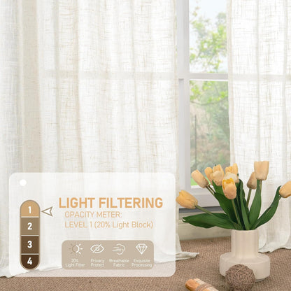 Linen Semi Sheer Curtains 63 Inch Length 2 Panels, Light Filtering Neutral Window Bedroom Curtains Farmhouse Boho Bronze Grommet Drapes for Kitchen/Living Room, Cream, 34 X 63 Inch