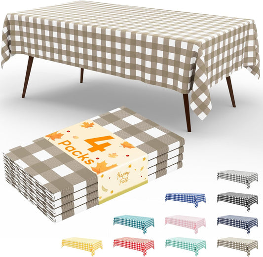 4 Packs Buffalo Disposable Table Cloth, 54 X 108 Inch Waterproof Plastic Tablecloth, Rectangle Khaki and White Checkered Table Covers for Fall, Thanksgiving Decorations