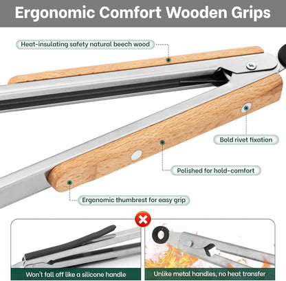 Tongs for Cooking, Food-Grade Stainless Steel Kitchen Tongs 12-Inch with Lightweight Heat-Insulating Wooden Grip & Non-Slip Scalloped Tips, Sturdy Locking Metal Tong for Cooking, Grill