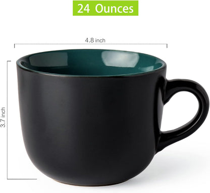 Set of 4 Jumbo Ceramic Soup Mugs with Handles, 24 Oz Capacity, Microwave and Dishwasher Safe - Green Interior