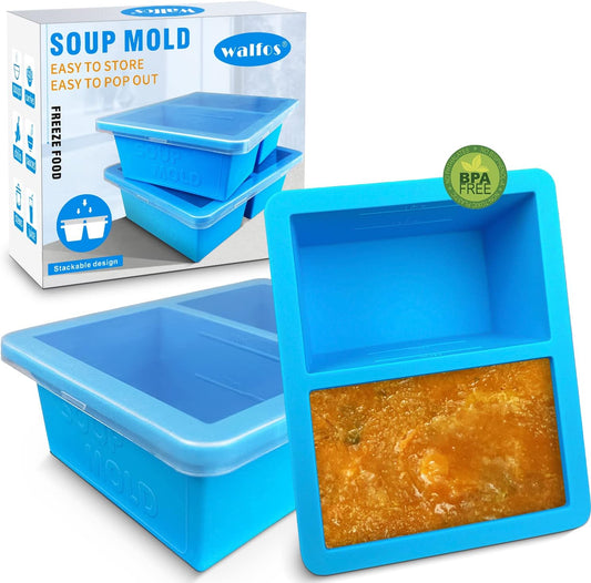 Extra-Large Silicone Freezing Tray with Lid,  1-Cup Freezer Tray for Soup, Silicone Soup Freezer Container for Storing and Freezing Soup, Broth, Sauce and Ice, 2 Pack