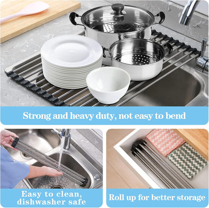 Roll up Dish Drying Rack over the Sink Drying Rack for Kitchen, Folding Dish Rack over Sink Mat, Stainless Steel Dish Drainer Rack Kitchen Organizer Accessories Black 17"X11.8"