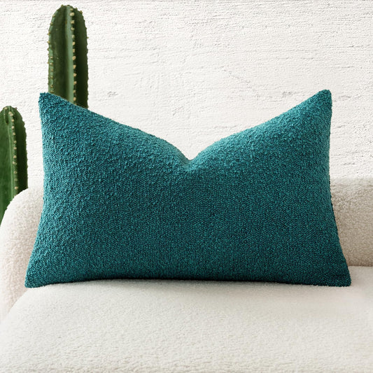 Textured Boucle Lumbar Throw Pillow Cover in Teal - Decorative Soft Cushion Case for Couch, Chair, and Bedroom - 12x20 Inch, Single Pack