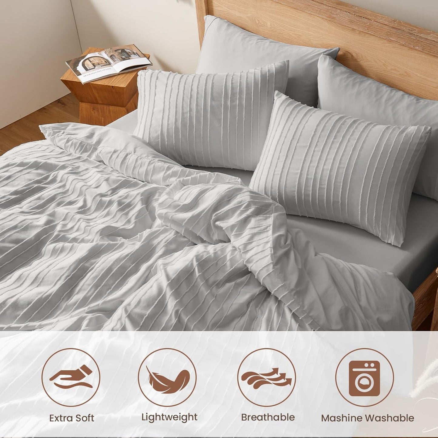 Light Grey Duvet Cover King Size - Striped Tufted King Duvet Cover Set with Zipper Closure, 3Pcs Soft Microfiber Boho Bedding Set for All Seasons (King, 104"X90")