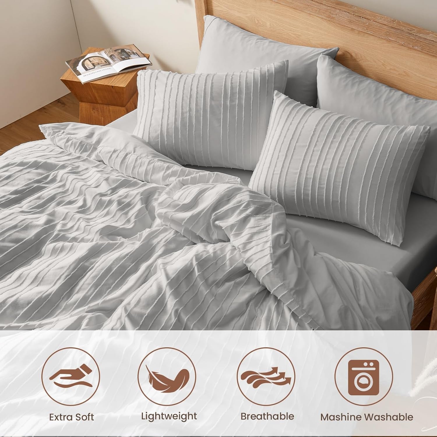 Light Grey Duvet Cover King Size - Striped Tufted King Duvet Cover Set with Zipper Closure, 3Pcs Soft Microfiber Boho Bedding Set for All Seasons (King, 104"X90")
