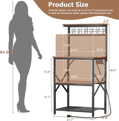 Kitchen Bakers Rack with Power Outlet, Microwave Oven Stand with Storage 4 Tiers, Coffee Bar Table with 6 S Hooks, Kitchen Storage Shelf Rack for Spices, Pots, Rustic Brown