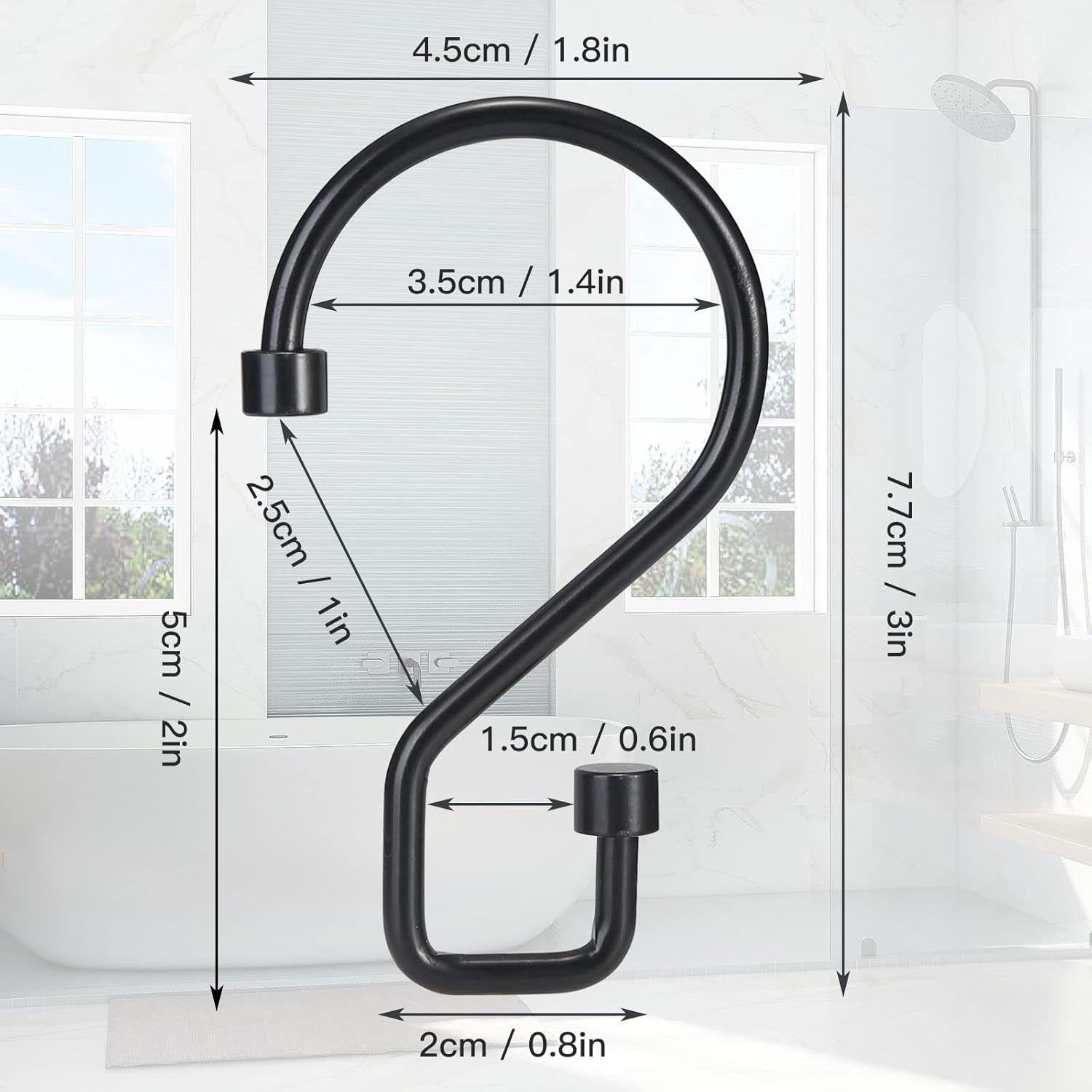 Shower Curtain Hooks, 12 Pcs S Shape Shower Curtain Rings, Rustproof Black Shower Curtain Rings, Multi-Functional Shower Hooks for Shower Curtain, Kitchen Utensils, Clothing, Towels, Black
