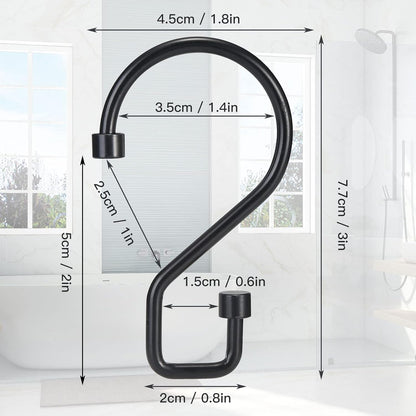 Shower Curtain Hooks, 12 Pcs S Shape Shower Curtain Rings, Rustproof Black Shower Curtain Rings, Multi-Functional Shower Hooks for Shower Curtain, Kitchen Utensils, Clothing, Towels, Black