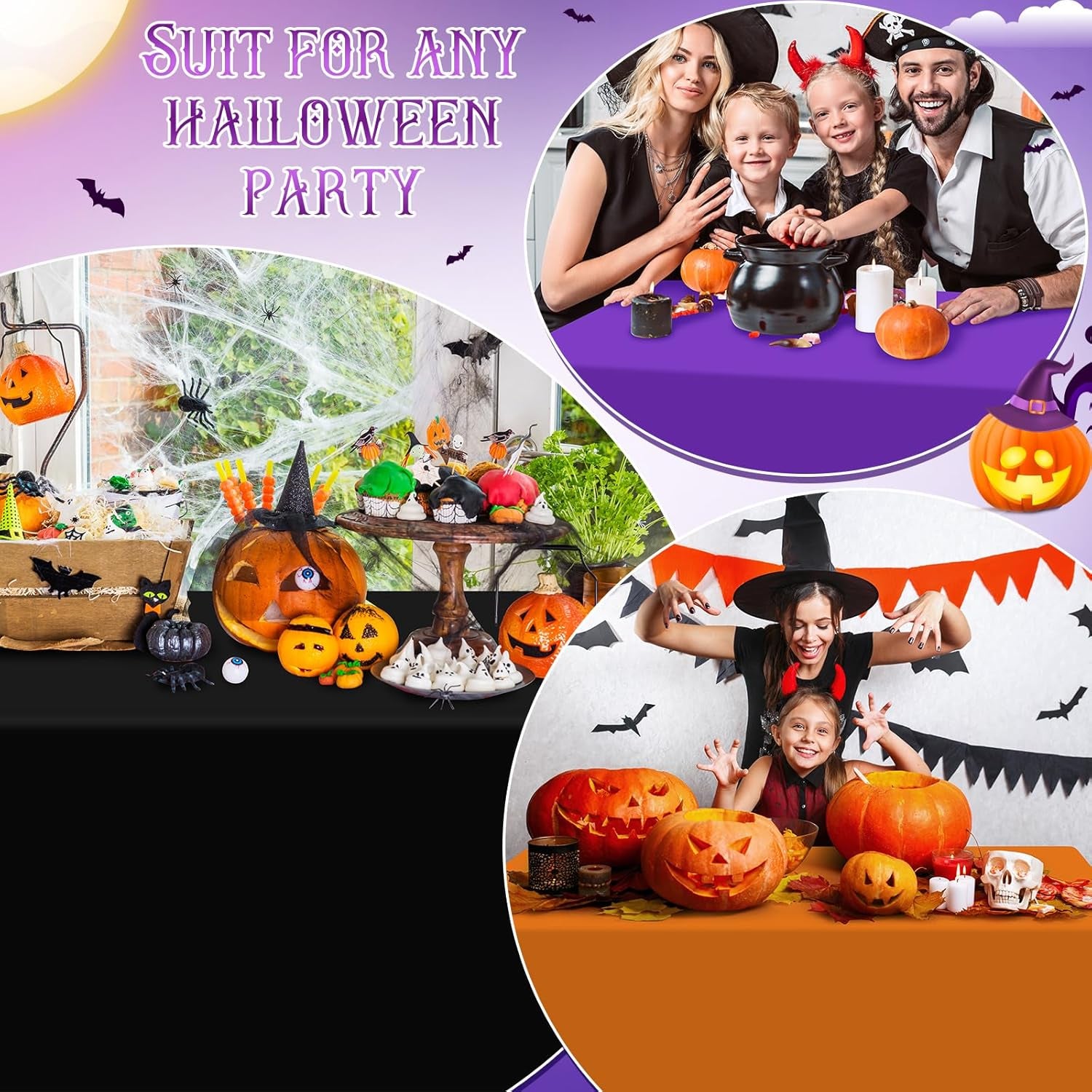 12Pack 54 X 108 Inch Halloween Tablecloths Bulk Plastic Black Purple Orange Table Cloths Disposable Rectangle Table Covers for Halloween Witch Vampire Party Fall Autumn Party Decorations