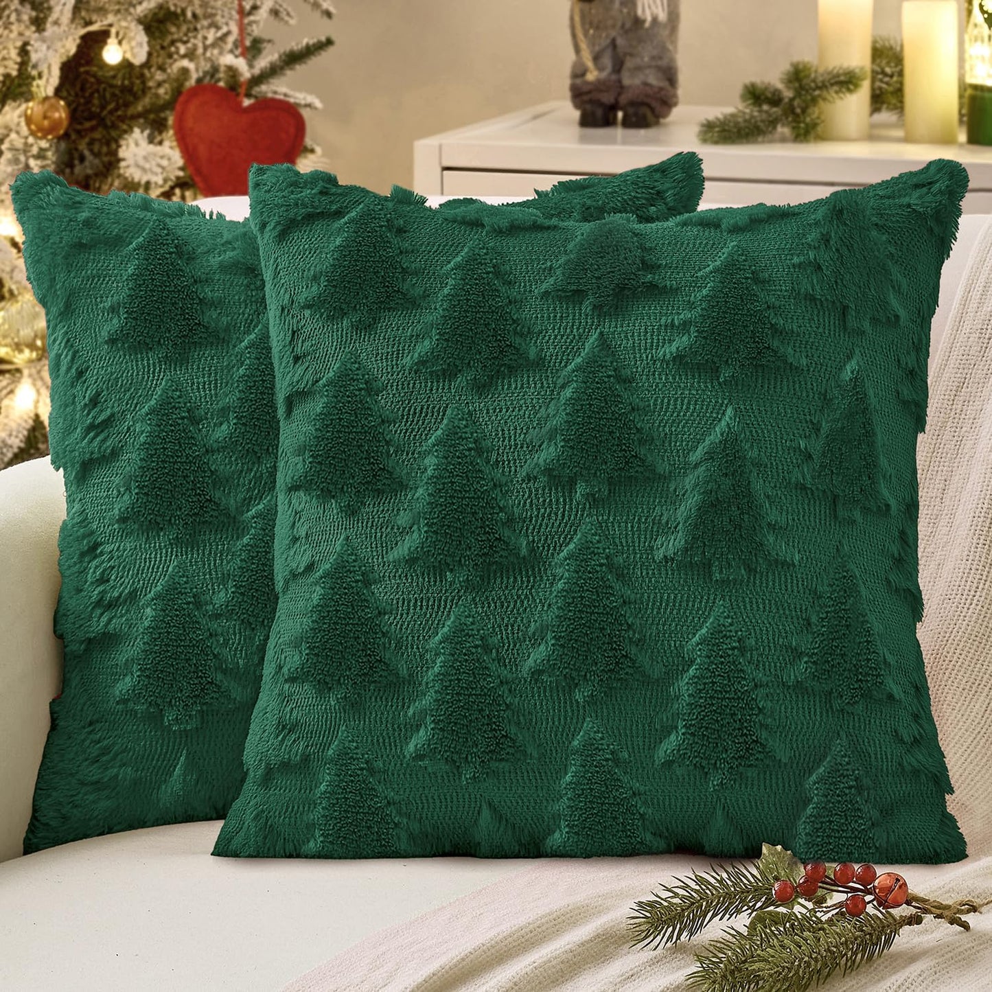 Christmas Throw Pillow Covers Dark Green Christmas Decorations Set of 2 Xmas Tree 18X18 Pillow Covers Soft Plush Faux Wool Pillowcases Holiday Festivals Winter Home Decor Sofa Couch Bed Porch
