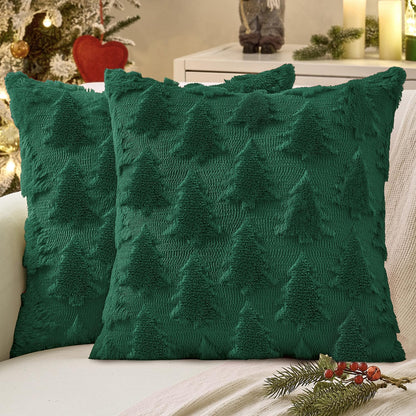 Christmas Throw Pillow Covers Dark Green Christmas Decorations Set of 2 Xmas Tree 18X18 Pillow Covers Soft Plush Faux Wool Pillowcases Holiday Festivals Winter Home Decor Sofa Couch Bed Porch