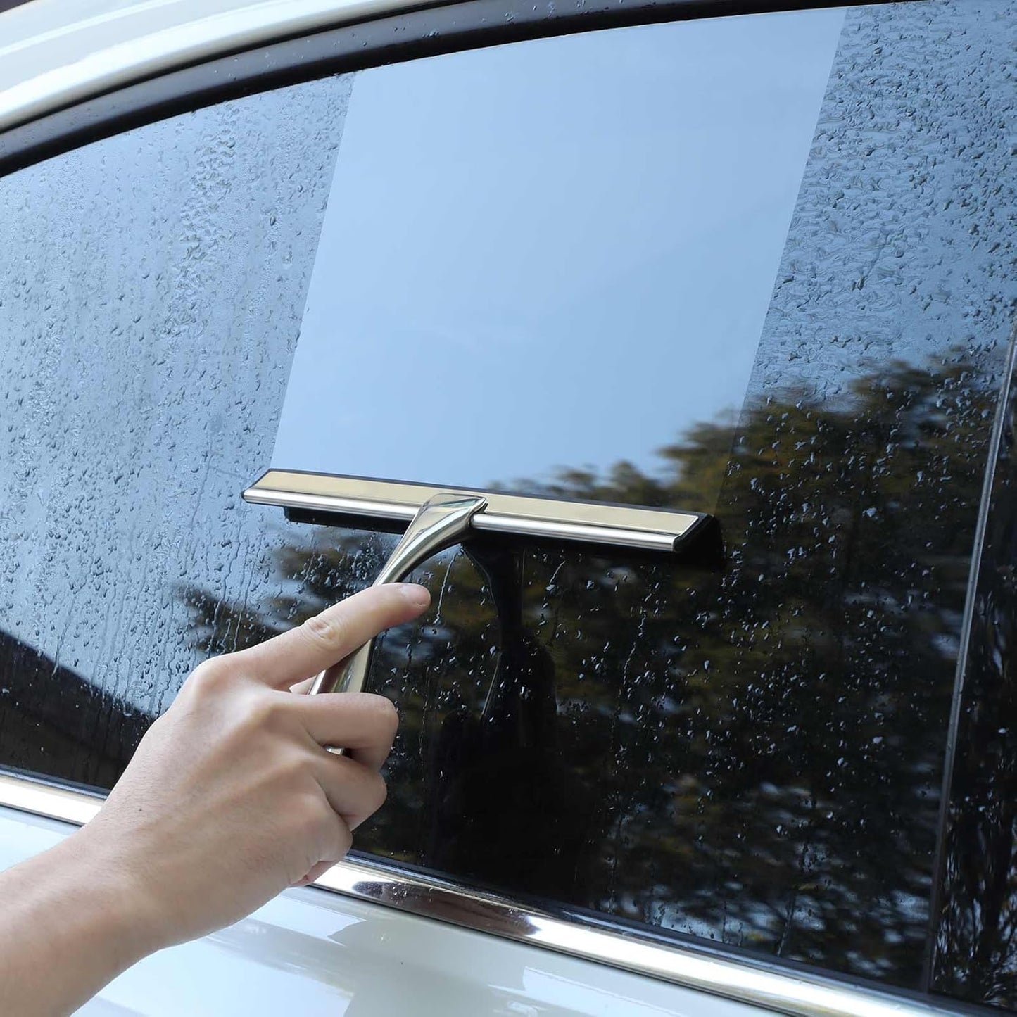 All-Purpose Shower Squeegee for Shower Doors, Bathroom, Window, Glass and Car Windshield, Includes Suction Hook & Adhesive Hook, 18/8 Stainless Steel, 12", Silver
