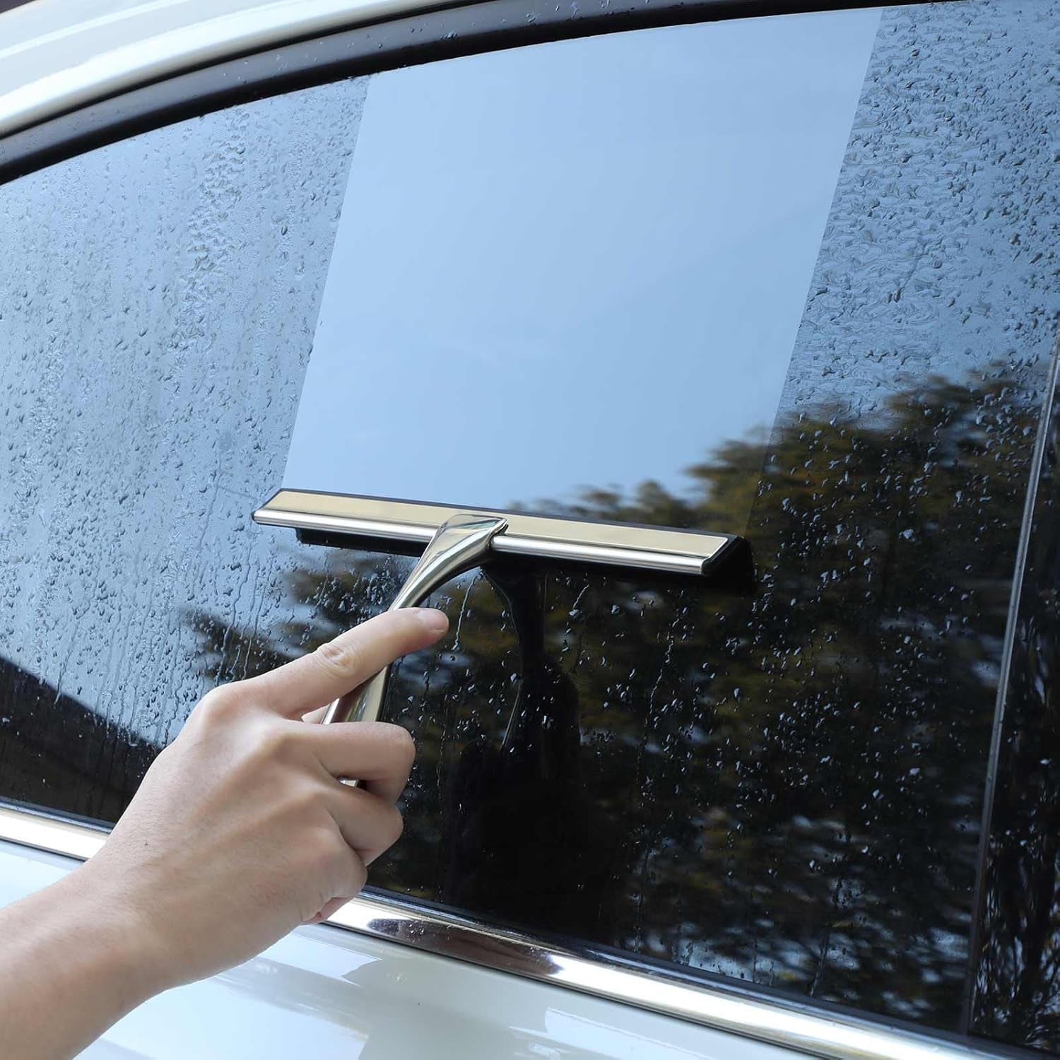All-Purpose Shower Squeegee for Shower Doors, Bathroom, Window, Glass and Car Windshield, Includes Suction Hook & Adhesive Hook, 18/8 Stainless Steel, 12", Silver