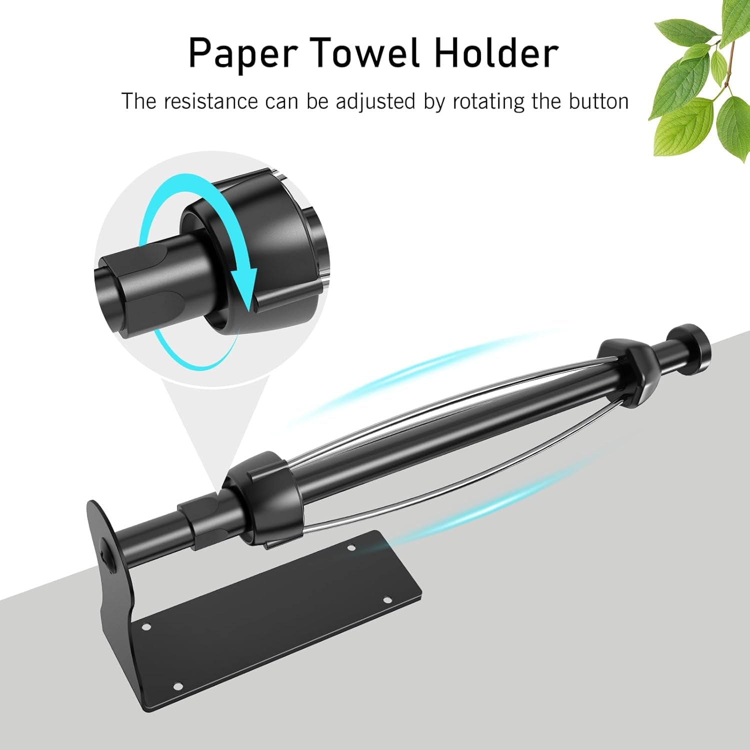 Paper Towel Holder, Single Hand Operable Paper Towel Holder under Cabinet with Adjustable Damper, Easy Tear, Wall Mount, Self-Adhesive or Drilled for Kitchen Bathroom, Black
