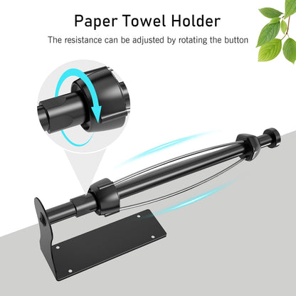 Paper Towel Holder, Single Hand Operable Paper Towel Holder under Cabinet with Adjustable Damper, Easy Tear, Wall Mount, Self-Adhesive or Drilled for Kitchen Bathroom, Black
