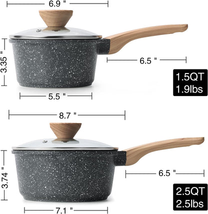 Sauce Pan Set with Lid, 1.5QT & 2.5QT Non Stick Small Pots with Granite Coating, Saucepan with Pour Spout, Multipurpose Induction Cooking Pans, PFOA/PFOS Free