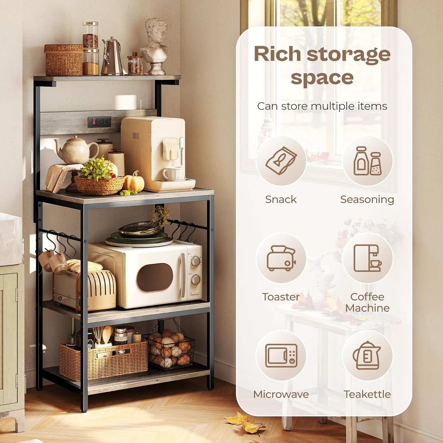 Professional Kitchen Bakers Rack with Power Outlet, Multi-Tier Coffee Bar Table, Microwave Stand, and Storage Shelf with S-Hooks - Greige