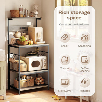 Professional Kitchen Bakers Rack with Power Outlet, Multi-Tier Coffee Bar Table, Microwave Stand, and Storage Shelf with S-Hooks - Greige