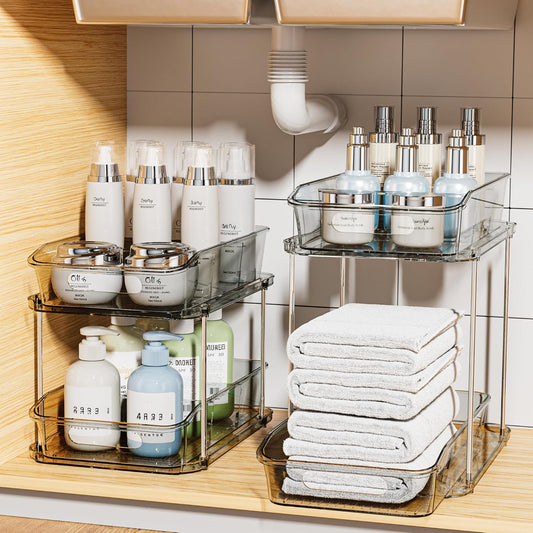 2 Sets of 2-Tier Clear under Sink Organizers and Storage, Multi-Purpose Stackable Bathroom Cabinet Organizers, Grey
