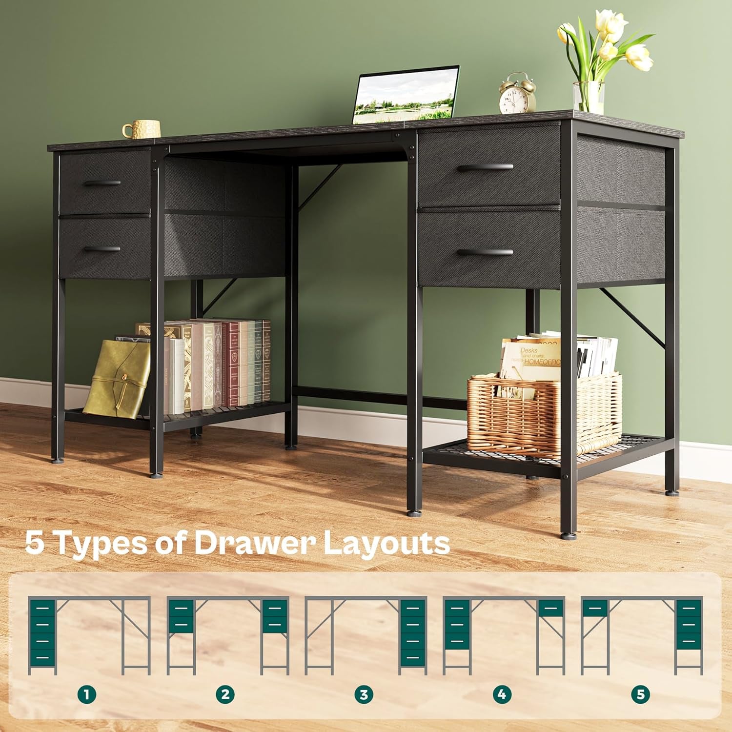 55-Inch Computer Desk with Four Drawers and Mesh Shelf for Home Office, Gaming, and Study Use