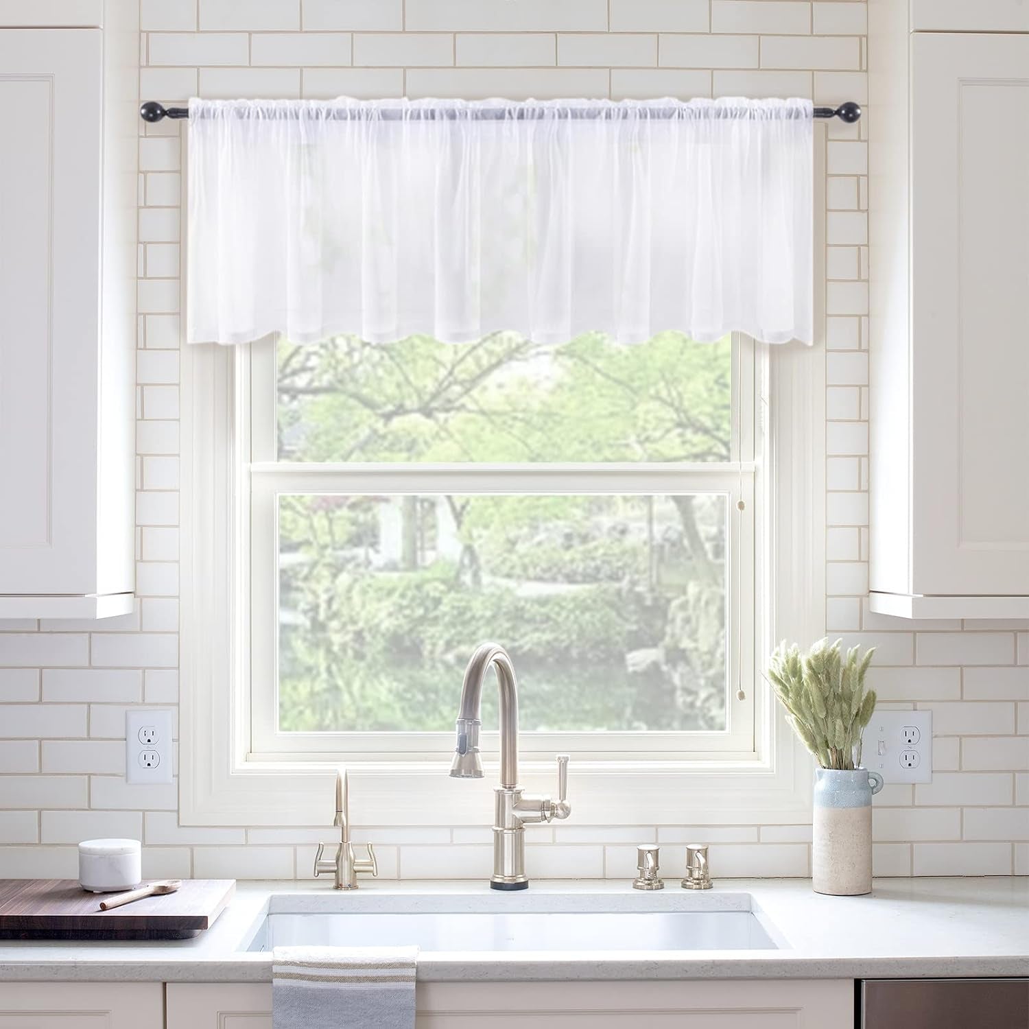 Window Valance Half Sheer Curtains Rod Pocket Voile Drapes Extra Wide for Small Window Kitchen Cafe One Panel 60 X 18 Inch White