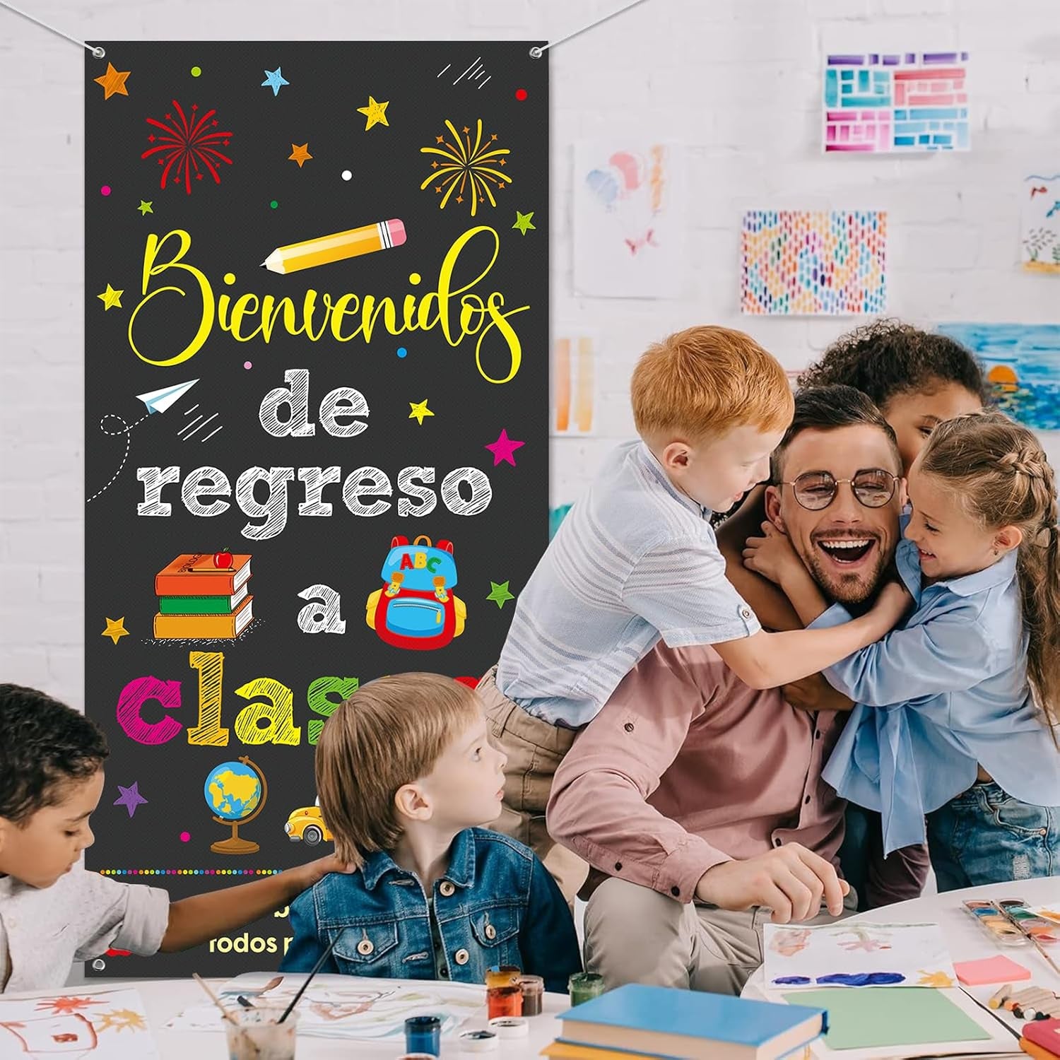 Bienvenidos De Regreso a Clases Banner Spanish Welcome Back to School Banner Door Cover Polyester Hanging Banner Backdrop Porch Sign for First Day of School Classroom Decorations, 70.8 X 35.4Inch
