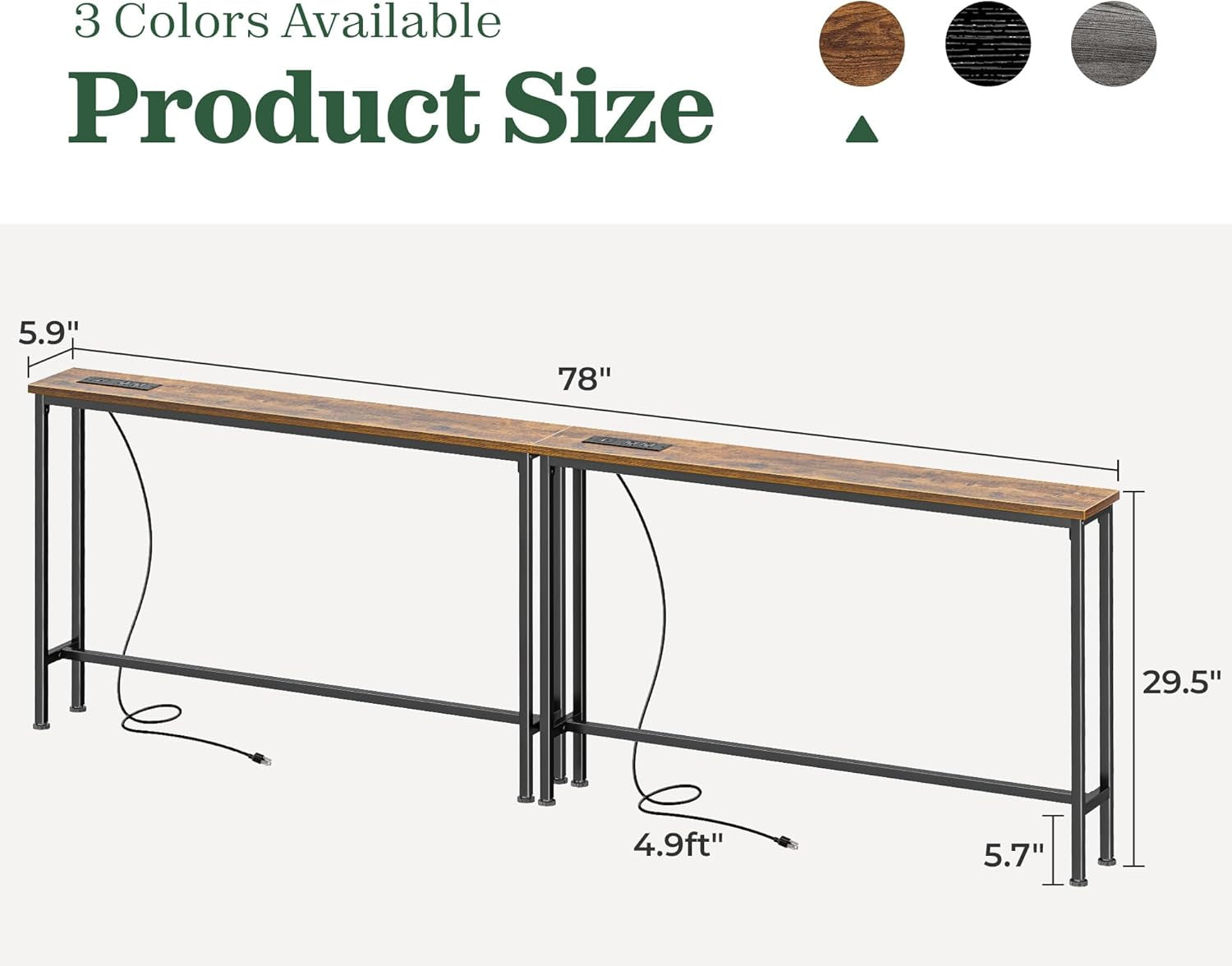 Narrow 5.9-Inch Console Table Set of 2 with Outlet, 78-Inch Length Entryway and Sofa Tables with Charging Station in Rustic Brown for Living Room