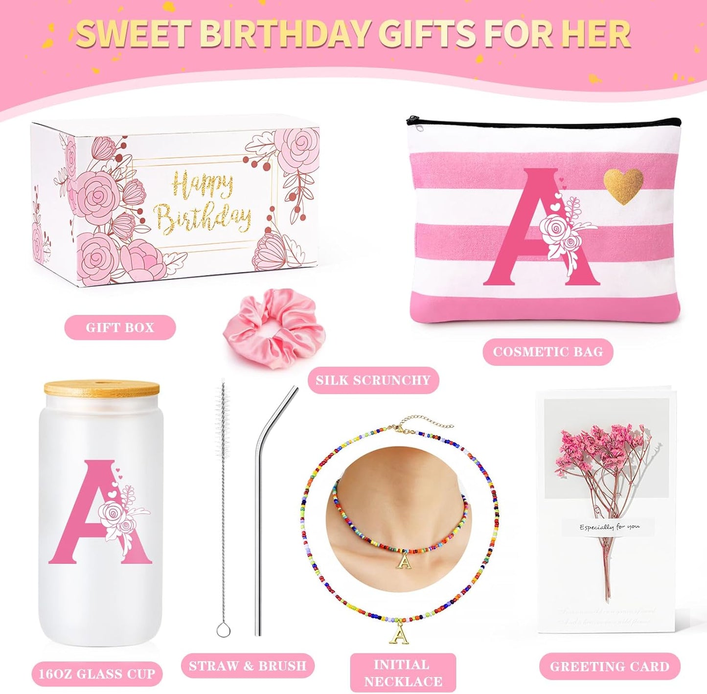 Birthday Gifts for Teen Girls, Monogrammed Initial Gifts for Teen Girls Birthday Christmas, Gift Basket for Women Teenager Girl Friend Bestie Sister, Teenager Girl Gift Personalized Glass Cup A