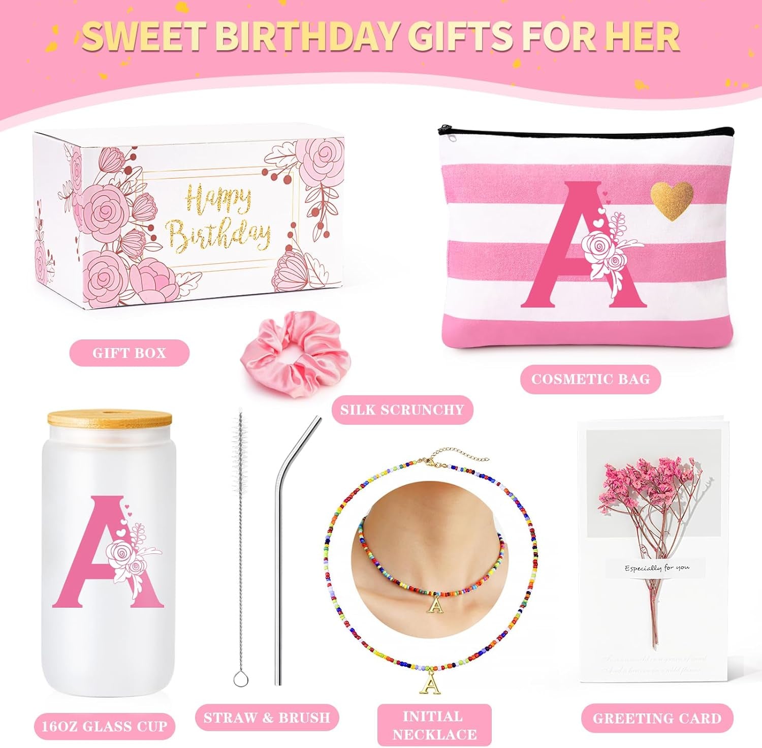 Birthday Gifts for Teen Girls, Monogrammed Initial Gifts for Teen Girls Birthday Christmas, Gift Basket for Women Teenager Girl Friend Bestie Sister, Teenager Girl Gift Personalized Glass Cup A