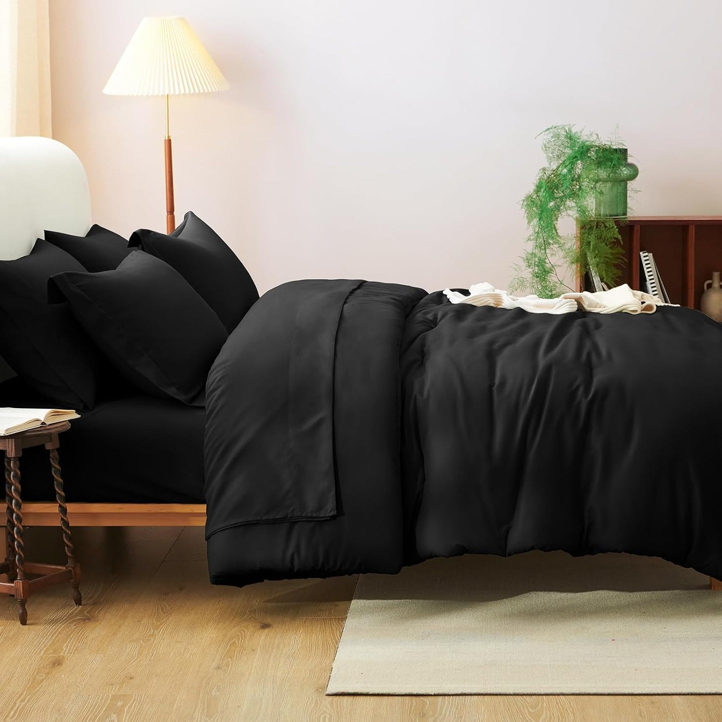 Queen Comforter Set Black, 7 Pieces Bed in a Bag Soft Bedding Comforter Set with Sheets, All Season Boho 7PC Bed Sets with Comforter, Fitted Sheets, Flat Sheets, Pillow Shams and Pillowcases