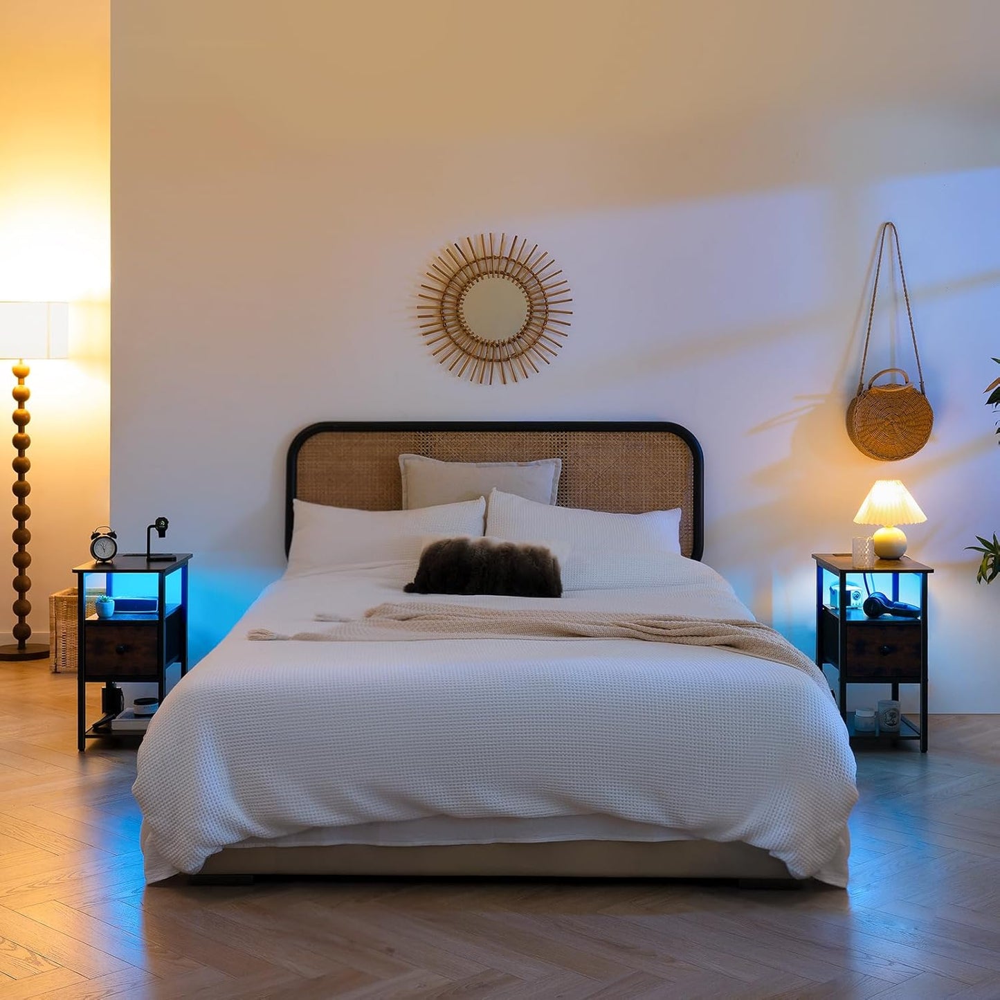 End Table with Charging Station, Narrow Side Table with Adjustable Fabric Drawer, 3-Tier End Tables Living Room, Small Nightstand with Outlets, LED Skinny Night Stand for Bedroom Small Spaces