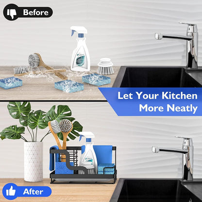 Sink Caddy,Kitchen Sink Organizers Sponge Holder for Kitchen Sink,Dish Soap Scrubber Holder with Removable Drain Pan,Sink Brush Holder for Scrubber-Black